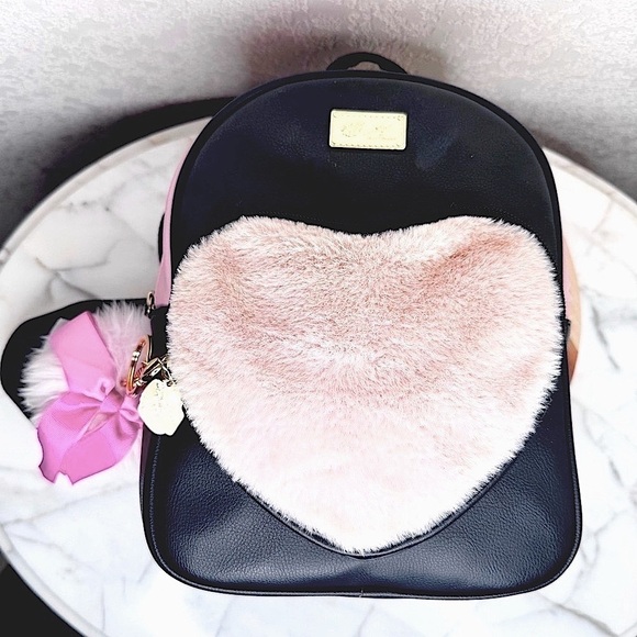Betsey Johnson pink,black,fur Heart Backpack pink fur key chain Valentine’s Day main image 11